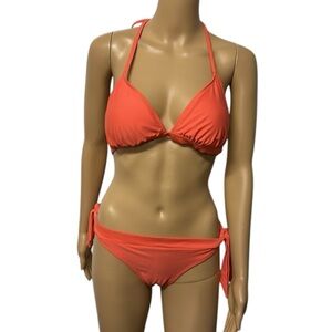 Blue Motion Orange 2 Piece Swimsuit Bikini Halter Top Tie Sides Size M/L